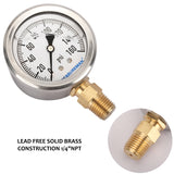 MEASUREMAN Lead-Free Glycerin Filled Pressure Gauge, 0-160psi, RV Regulator Replacement Pressure Gauge, 2" x 1/4"NPT Lower, Stainless Steel Case, Brass Inside,