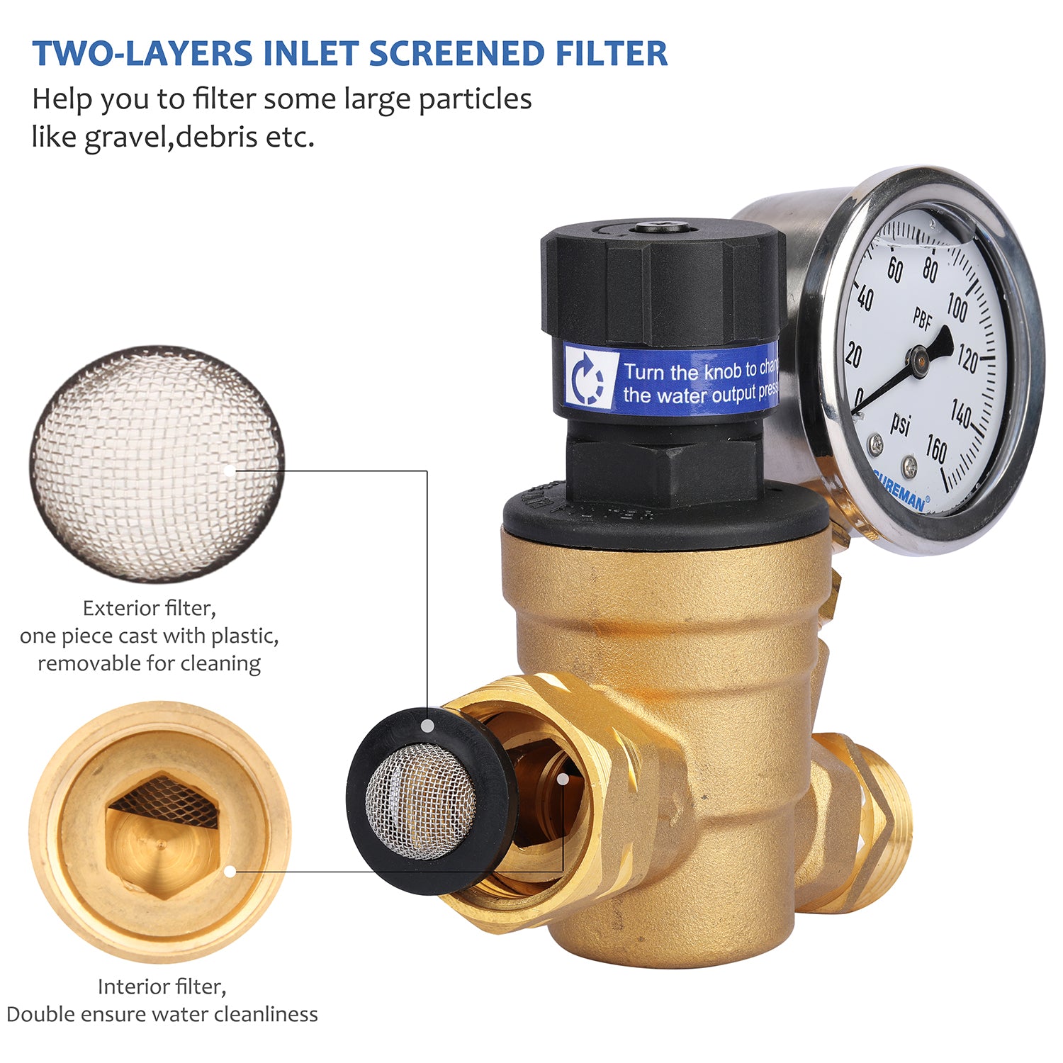 RV Water Pressure Regulator for RV Camper, Brass Lead-Free Adjustable RV Water Pressure Regulator with Gauge