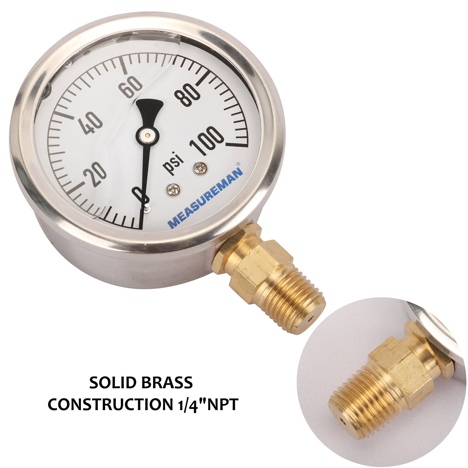 PRM Liquid-Filled Pressure Gauge 0-100 PSI - 2.5" Stainless Steel Case, 1/4" Brass NPT Back Mount