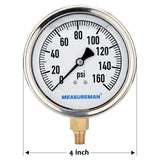 Meaureman 4" Dial Size, Glycerin Filled Plumbing Pressure Gauge, 0-160psi, Stainless Steel Case, 1/4"NPT Lower Mount