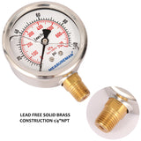 Meaureman Lead-Free Pressure Gauge, 2-1/2" Dial, Glycerin Filled, 0-100psi/kpa, Stainless Steel Case, 1/4"NPT Lower Mount