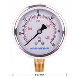 Measureman 2-1/2" Dial Size, Liquid Filled Pressure Gauge, 0-60psi/kpa, 304 Stainless Steel Case, 1/4"NPT Lower Mount
