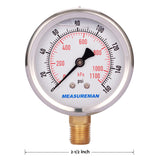 Measureman 2-1/2" Dial Size, Oil Filled Pressure Gauge, 0-160psi/kpa, 304 Stainless Steel Case, 1/4"NPT Lower Mount-50pcs