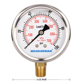 Meaureman Lead-Free Pressure Gauge, 2-1/2" Dial, Glycerin Filled, 0-100psi/kpa, Stainless Steel Case, 1/4"NPT Lower Mount