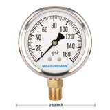 MEASUREMAN 2-1/2" Dial Size, Glycerin Filled Plumbing Pressure Gauge, 0-160psi, Stainless Steel Case, 1/4"NPT Lower Mount