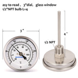 Measureman Fully Stainless Steel Pot, Kettle, Brewing Bimetal Thermometer, 3" Dial, 4" Stem, 0-250 deg F/-20-120 deg C, +/-1% Accuracy, Adjustable, 1/2" NPT Back Mount