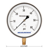 MEASUREMAN 304 Stainless Steel Case,Lead-Free Contractor Pressure Gauge, 0-60Psi, 4-1/2" Dial Size, -1% Accuracy, 1/4" NPT Lower Mount