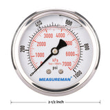 MEASUREMAN 2-1/2" Dial Size, Glycerin Filled Pressure Gauge, 0-1000psi/kpa, 304 Stainless Steel Case, 1/4"NPT Center Back Mount