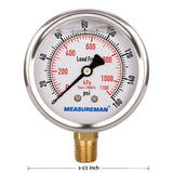 Meaureman Lead-Free Pressure Gauge, 2-1/2" Dial, Glycerin Filled, 0-160psi/kpa, Stainless Steel Case, 1/4"NPT Lower Mount