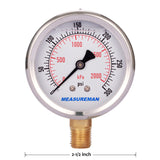 Measureman 2-1/2" Dial Size, Glycerin Filled Pressure Gauge, 0-300psi/kpa, 304 Stainless Steel Case, 1/4"NPT Lower Mount