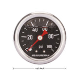 MEASUREMAN 1.5" Black Dial, 304 Stainless Steel case, Liquid Filled Fuel Pressure Gauge, 0-100Psi, -3-2-3%, 1/8" NPT Center Back Mount