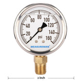 MEASUREMAN Lead-Free Glycerin Filled Pressure Gauge, 0-160psi, RV Regulator Replacement Pressure Gauge, 2" x 1/4"NPT Lower, Stainless Steel Case, Brass Inside,  5pieces