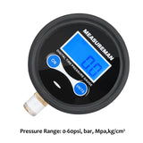 Measureman 2" Dial Size Digital Air Pressure Gauge with 1/8'' NPT Bottom Connection and Protective Boot, 0-60psi, 0.1Psi Resolution, Accuracy 1%, Battery Powered