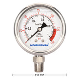 MEASUREMAN Lead Free Glycerin Filled Reverse Osmosis Pressure Gauge, 2-1/2" Dial Size, 1/4"NPT Lower Mount, 0-150psi/Mpa