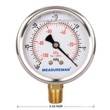 Measureman Vacuum Gauge, Glycerin Filled, 2-1/2" Dial Size, 1/4"NPT Lower Mount, -30"Hg/-100kpa-0  50pcs