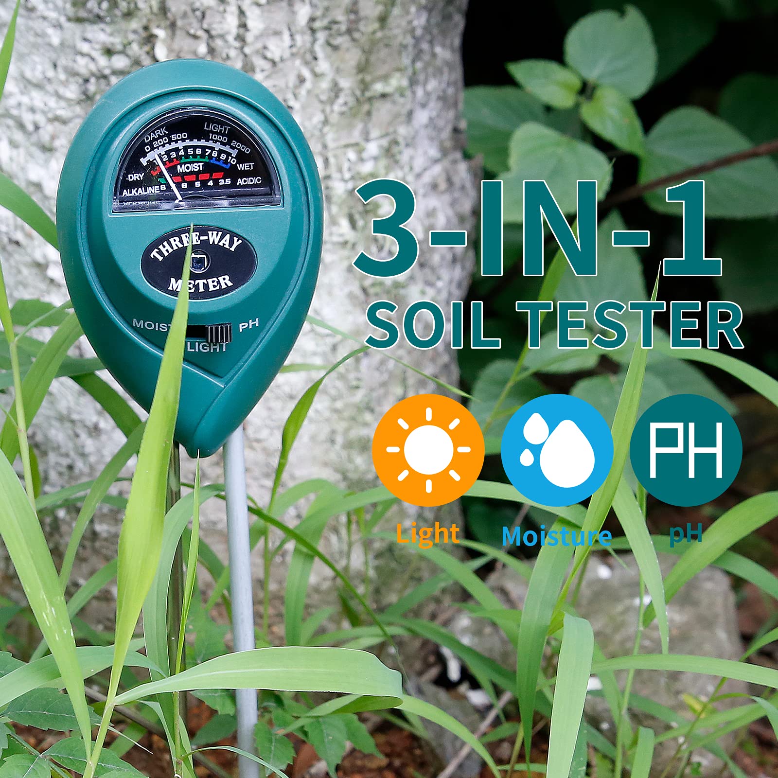 lawn soil moisture meter MEASUREMAN 3-in-1 Soil Tester with Moisture/Light/pH Test for Plants, – Measureman Direct