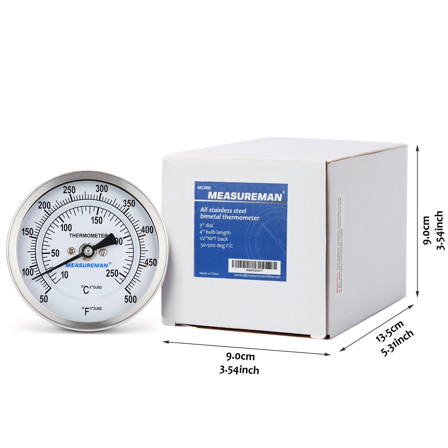 Bimetal Dial Thermometer: 50 to 500 ° F, 4 Stem Length