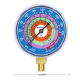 Measureman Refrigeration Pressure Gauge, 2-3/4" Dial, Blue Dial, 1/8" NPT Lower Mount, 30inHg-0-250psi, 250-500psi Retarded Range, R-404A, R-22, R-410A, Degree F, Adjustable Pointer