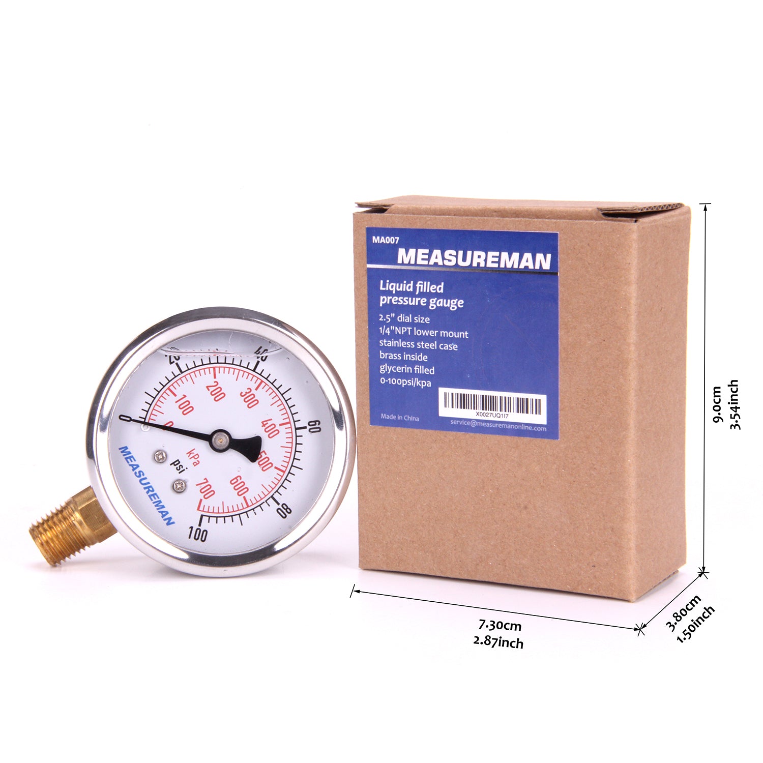Manometro Meaureman 0-100 Psi – Quadrante 2.5", Cassa Acciaio Inox, Riempito Di Glicerina, Attacco 1/4" NPT Inferiore