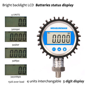 Measureman 3-1/8" Dial Size, Digital Pressure Gauge, 0-5000psi/bar/Mpa/Kpa, 1/4"NPT Lower Mount, 0.25% Accuracy