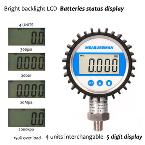 Measureman 3-1/8" Dial Size, Digital Pressure Gauge, 0-300psi/bar/Mpa/Kpa, 1/4"NPT Lower Mount, 0.25% Accuracy-20pcs