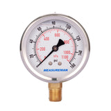 Measureman 2-1/2" Dial Size, Oil Filled Pressure Gauge, 0-160psi/kpa, 304 Stainless Steel Case, 1/4"NPT Lower Mount-50pcs