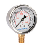 Measureman 2-1/2" Dial Size, Glycerin Filled Pressure Gauge, 0-300psi/kpa, 304 Stainless Steel Case, 1/4"NPT Lower Mount