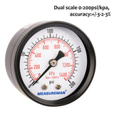 Measureman Economic Dry Pressure Gauge Air Compressor Pressure Gauge, 2" Dial Size, 1/4"NPT Center Back Mount, 0-200psi/kpa
