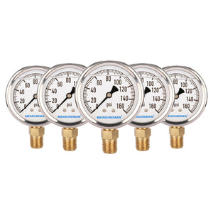 MEASUREMAN Lead-Free Glycerin Filled Pressure Gauge, 0-160psi, RV Regulator Replacement Pressure Gauge, 2" x 1/4"NPT Lower, Stainless Steel Case, Brass Inside,  5pieces