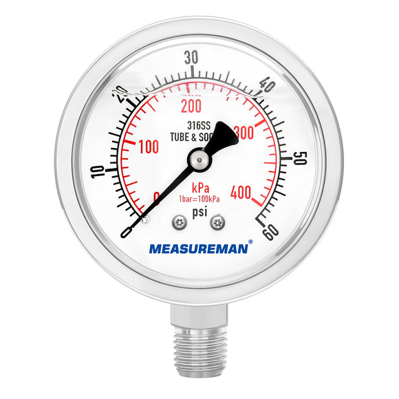 MEASUREMAN Fully Stainless Steel Hydraulic Glycerin Filled Pressure Gauge, 2-1/2