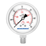 MEASUREMAN Fully Stainless Steel Hydraulic Glycerin Filled Pressure Gauge, 2-1/2" Dial Size, 1/4"NPT Lower Mount, 0-60psi/kpa