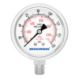 MEASUREMAN Fully Stainless Steel Hydraulic Glycerin Filled Pressure Gauge, 2-1/2" Dial Size, 1/4"NPT Lower Mount, 0-60psi/kpa