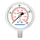 MEASUREMAN Fully Stainless Steel Hydraulic Glycerin Filled Pressure Gauge, 2-1/2" Dial Size, 1/4"NPT Lower Mount, 0-60psi/kpa