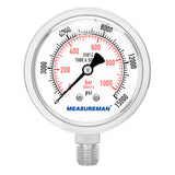 MEASUREMAN Fully Stainless Steel Hydraulic Glycerin Filled Pressure Gauge, 2-1/2" Dial Size, 1/4"NPT Lower Mount, 0-60psi/kpa